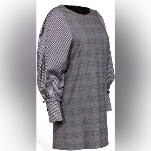 BCBGMaxazria Plaid Shift Dress Long Sleeve Mini Prep Tartan Grey White Large - Picture 2 of 13